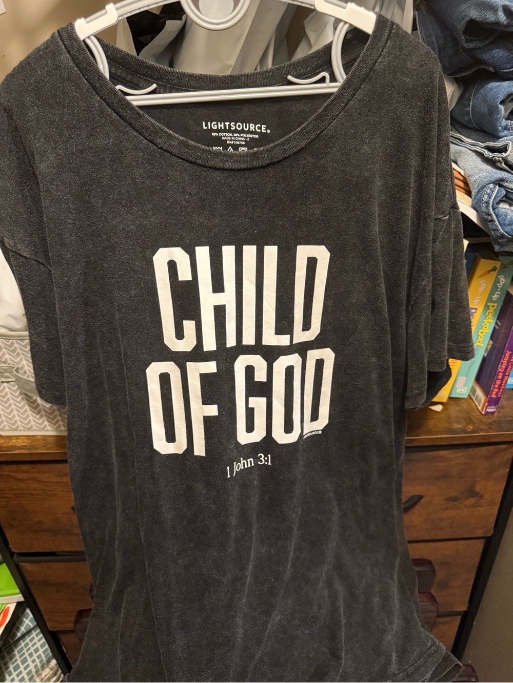 New Lightsource womens L boxy fit “Child of God' Black Graphic Tee